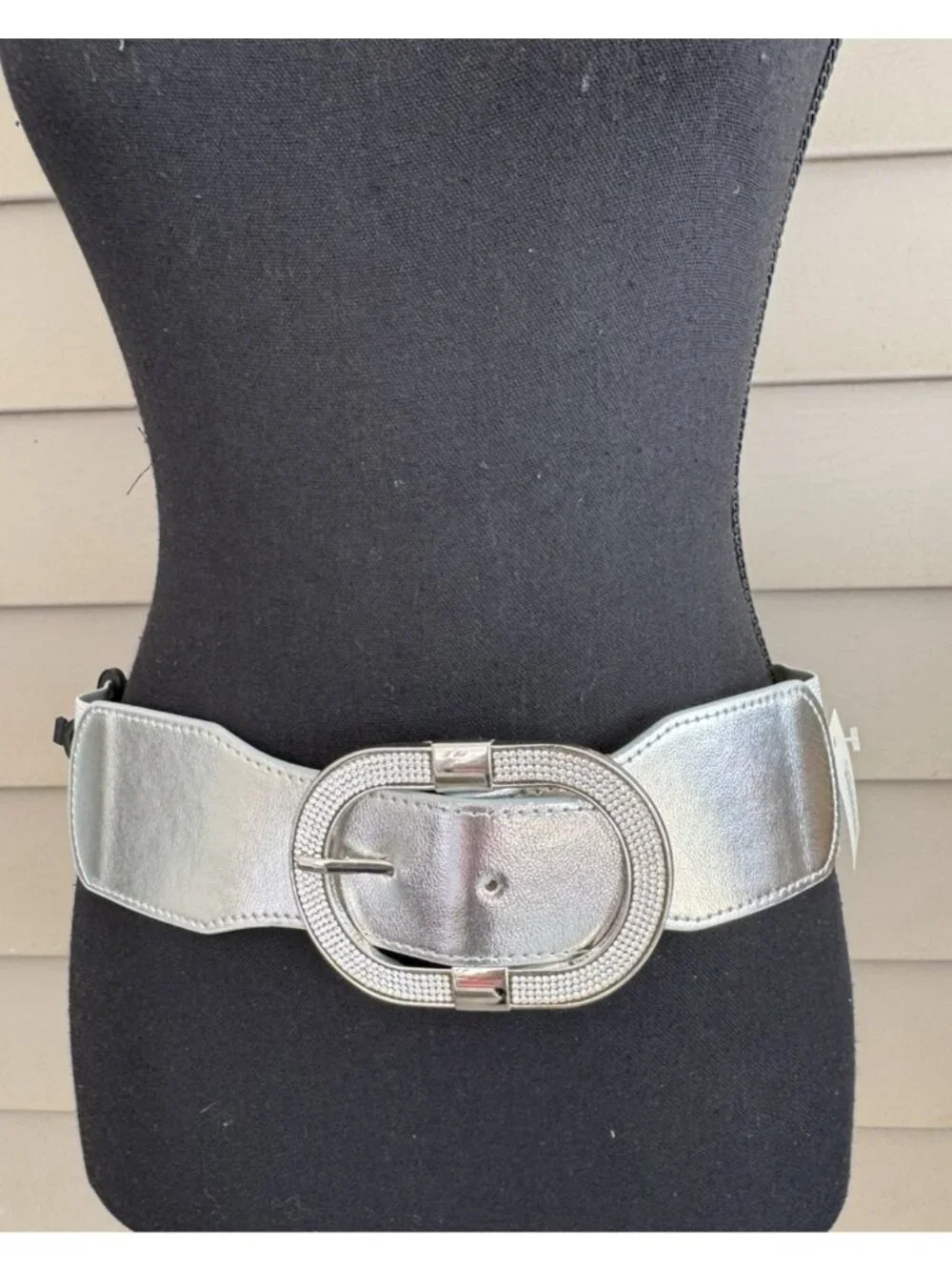 Women's Silver Stretch Wide Faux Leather Wide Fabric Belt Hook Bling Buckle S M